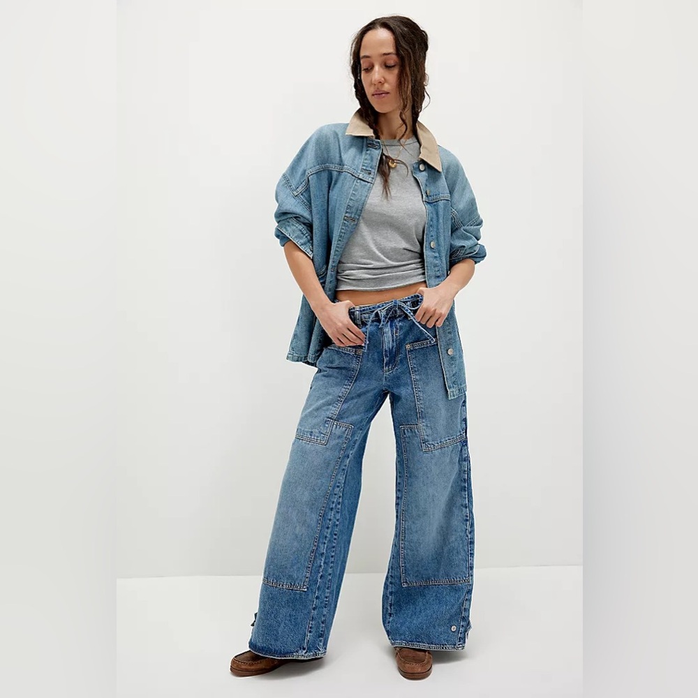 We The Free by Free People CRVY Outlaw Wide Leg Denim Blue Jeans sz XXL